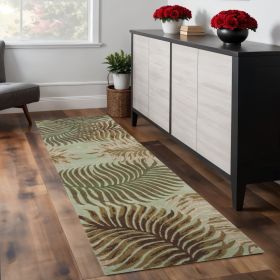 8' Aqua Blue Hand Tufted Tropical Leaves Indoor Runner Rug