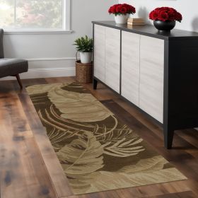 8' Mocha Brown Hand Tufted Tropical Leaves Indoor Runner Rug