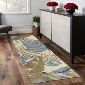 8' Ivory and Blue Wool Tropical Botanical Hand Tufted Runner Rug