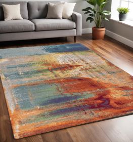 5' X 8' Blue Rust Orange Machine Woven Abstract Brushstrokes Indoor Area Rug