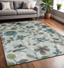 5' X 8' Teal Blue Machine Woven Floral Indoor Area Rug