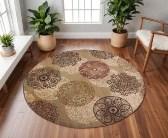 8' Sage Green Machine Woven Floral Medallion Disk Round Indoor Area Rug