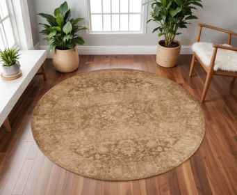8' Beige Machine Woven Distressed Floral Traditional Round Indoor Area Rug