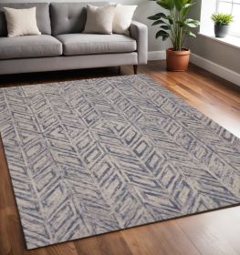 5' X 7' Blue Hand Tufted Wool Herringbone Indoor Area Rug