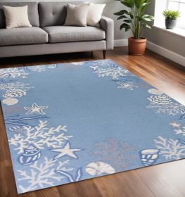 5' X 8' Sea Blue Hand Hooked Bordered Coral Reef Indoor Area Rug