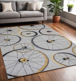 5' X 8' Grey Hand Hooked Wheels Indoor Area Rug
