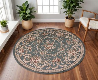 8' Round Slate Blue Floral Vine Bordered Indoor Area Rug