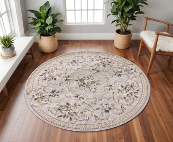 8' Light Grey Floral Round Indoor Area Rug