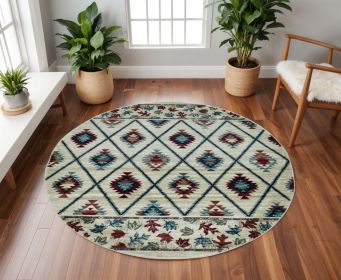 8' Ivory Machine Woven Geometric Lodge Round Indoor Area Rug