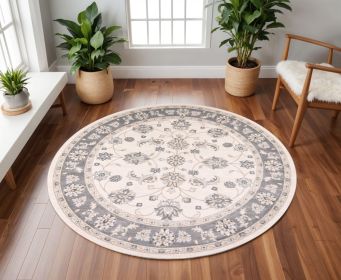 8' Ivory Grey Floral Round Indoor Area Rug