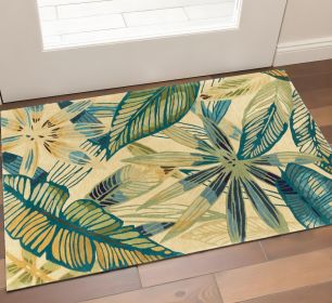 3' X 5' Ivory Or Teal Tropical Leaves Wool Indoor Area Rug