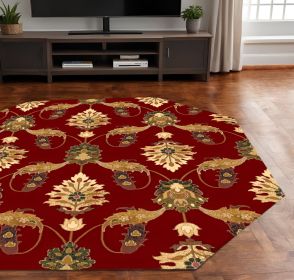 7' Octagon Red Floral Vines Indoor Area Rug