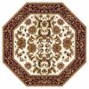 7' Ivory Red And Orange Floral Medallion Octagon Rug