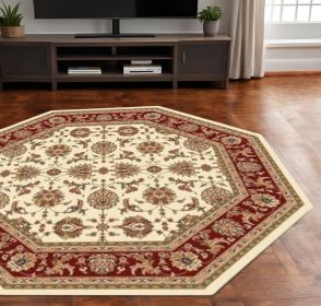 7' Octagon Ivory Or Red Floral Vines Bordered Indoor Area Rug