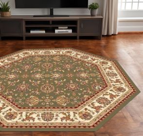 7' Octagon Green Or Ivory Floral Vines Bordered Indoor Area Rug