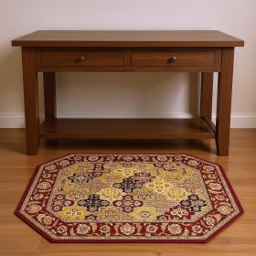 7' Octagon Red Floral Panel Bordered Indoor Area Rug