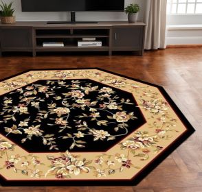 7' Octagon Black Or Beige Floral Bordered Indoor Area Rug