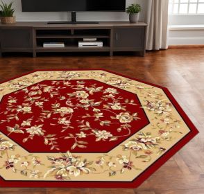 7' Octagon Red Or Beige Floral Bordered Indoor Area Rug