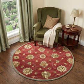 5' Round Red Floral Vine Wool Indoor Area Rug