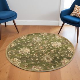 5' Round Emerald Green Floral Vine Wool Indoor Area Rug