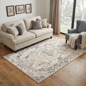 5' X 8' Grey Machine Woven Distressed Floral Medallion Indoor Area Rug