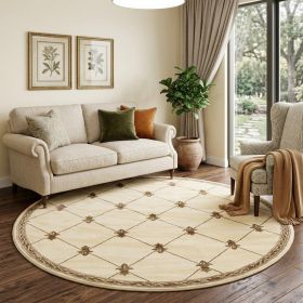8' Ivory Machine Woven Hand Carved Fleur De Lis Round Indoor Area Rug