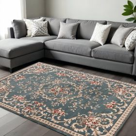 8' X 10' Slate Blue Floral Bordered Indoor Area Rug