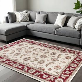 8' X 10' Ivory Or Red Floral Vine Bordered Indoor Area Rug