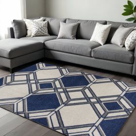 7' X 11' Ivory Or Denim Geometric Hexagon Uv Treated Indoor Area Rug