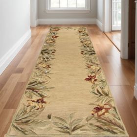 10' Ivory Hand Tufted Bordered Tropical Plants Indoor Runner Rug