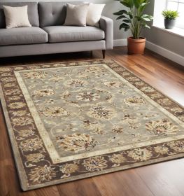 5' X 8' Grey Or Mocha  Floral Bordered Wool Indoor Area Rug
