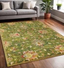 5' X 8' Green and Red Wool Floral Vines Hand Tufted Area Rug