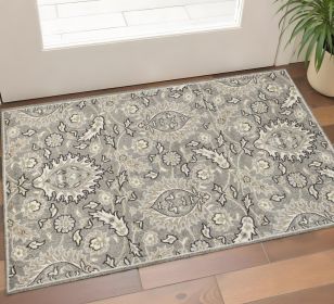 2' X 4' Gray and Ivory Floral Area Rug