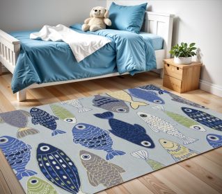 2' X 3' Blue and Ivory Fish Hand Tufted Area Rug