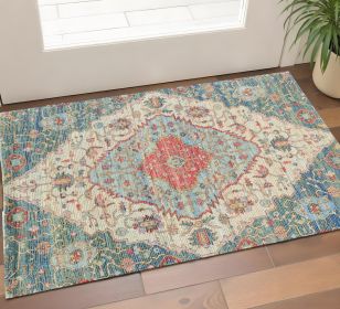 2' X 4' Blue and Beige Medallion Hand Woven Distressed Area Rug
