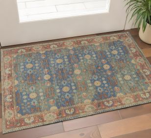 2' X 4' Blue and Red Floral Medallion Hand Woven Area Rug