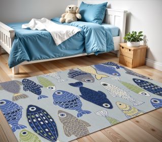 2' X 4' Blue and Ivory Fish Hand Tufted Area Rug