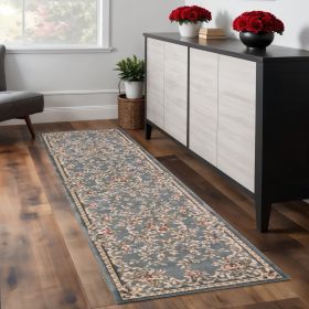 8' Slate Blue Bordered Floral Indoor Runner Rug