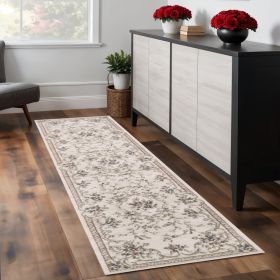 8' Ivory Bordered Floral Indoor Runner Rug