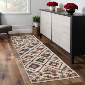 8' Ivory Machine Woven Geometric Lodge Indoor Runner Rug
