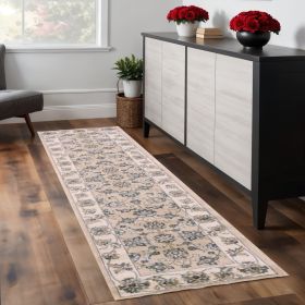 8' Beige Ivory Bordered Floral Indoor Runner Rug