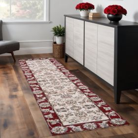 8' Ivory Red Bordered Floral Indoor Runner Rug