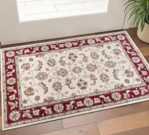 3' X 5' Ivory Red Floral Indoor Area Rug