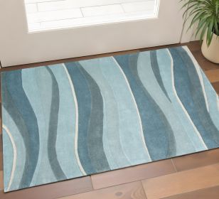 2' X 4' Ocean Blue Teal Hand Tufted Abstract Waves Indoor Accent Rug
