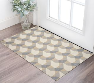 2' X 4' Ivory Or Grey Polygon Pattern Wool Area Rug