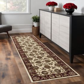 8' Red And Ivory Floral Medallion Runner Rug