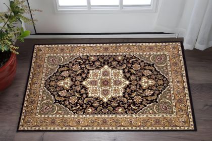 3' X 5' Black Beige Machine Woven Floral Medallion Indoor Area Rug