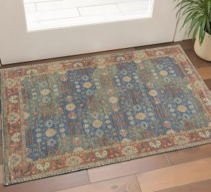 3' X 5' Blue and Beige Floral Hand Woven Area Rug