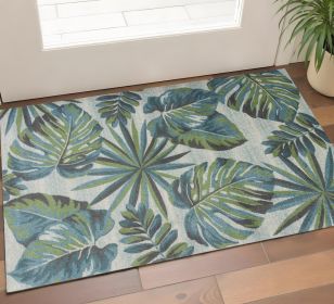 3' X 5' Teal and Ivory Tropical Floral Area Rug