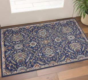3' X 5' Royal Blue Machine Woven Floral Traditional Indoor Area Rug